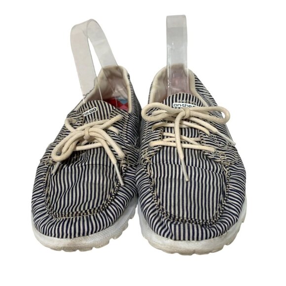 Skechers On The Go Womens Size 8.5 Lace Tie Up Sneakers Shoes Blue White Striped - Picture 2 of 5